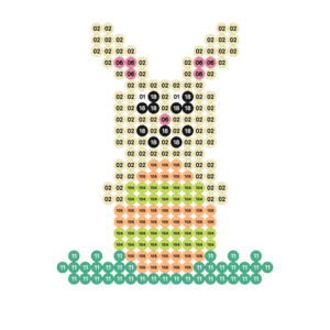 Alle Bügelperlen Vorlagen: Osterhase mit buntem Osterei im Gras als Bügelperlen Vorlage